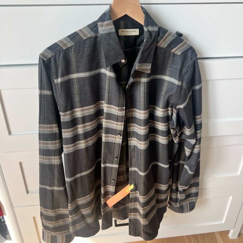 Burberry Men's Charcoal and Beige Plaid Dress Shirt